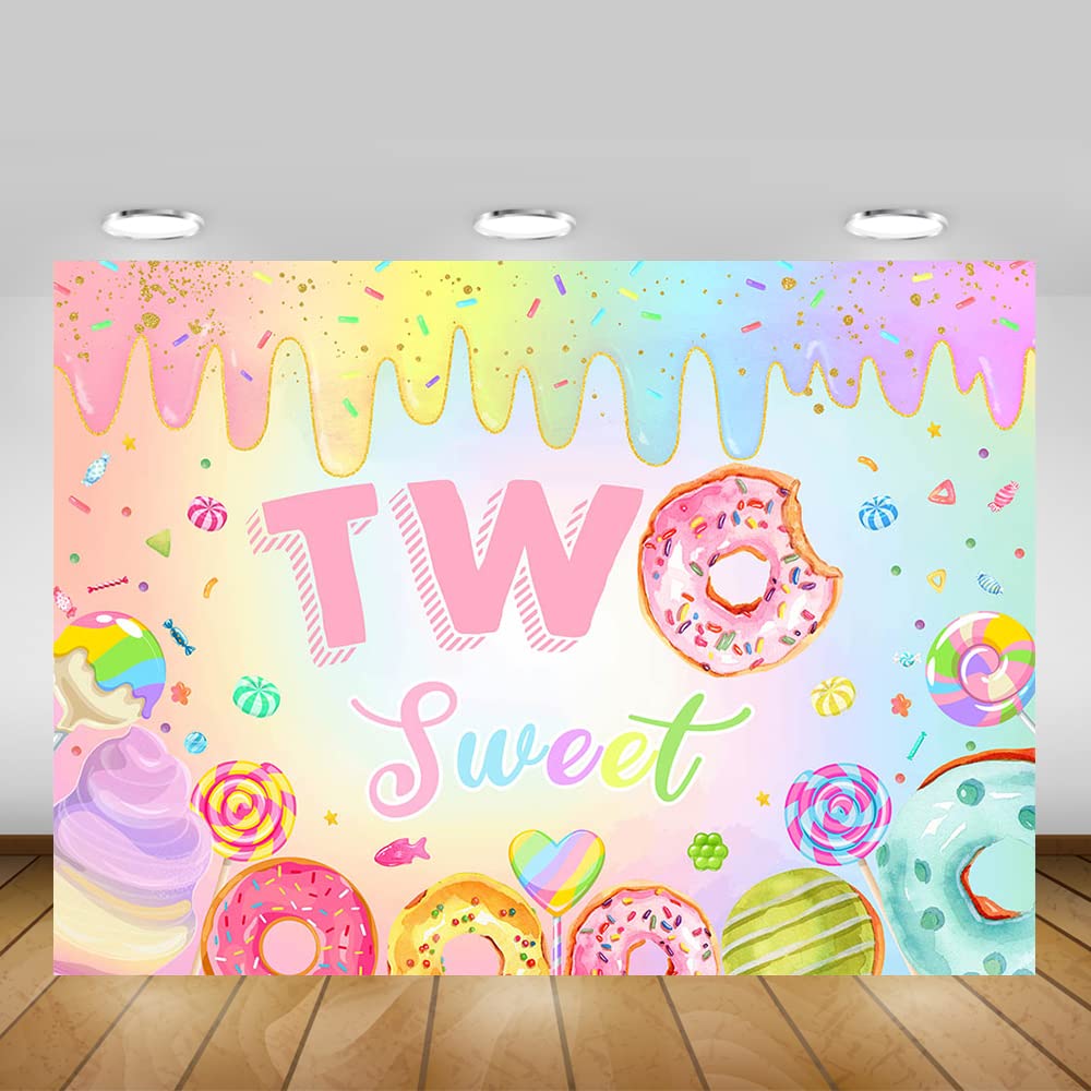 Mocsicka Donut Two Sweet Birthday Backdrop Sweet Candy Second Birthday Party Decorations Background Cake Table Banner Happy 2nd