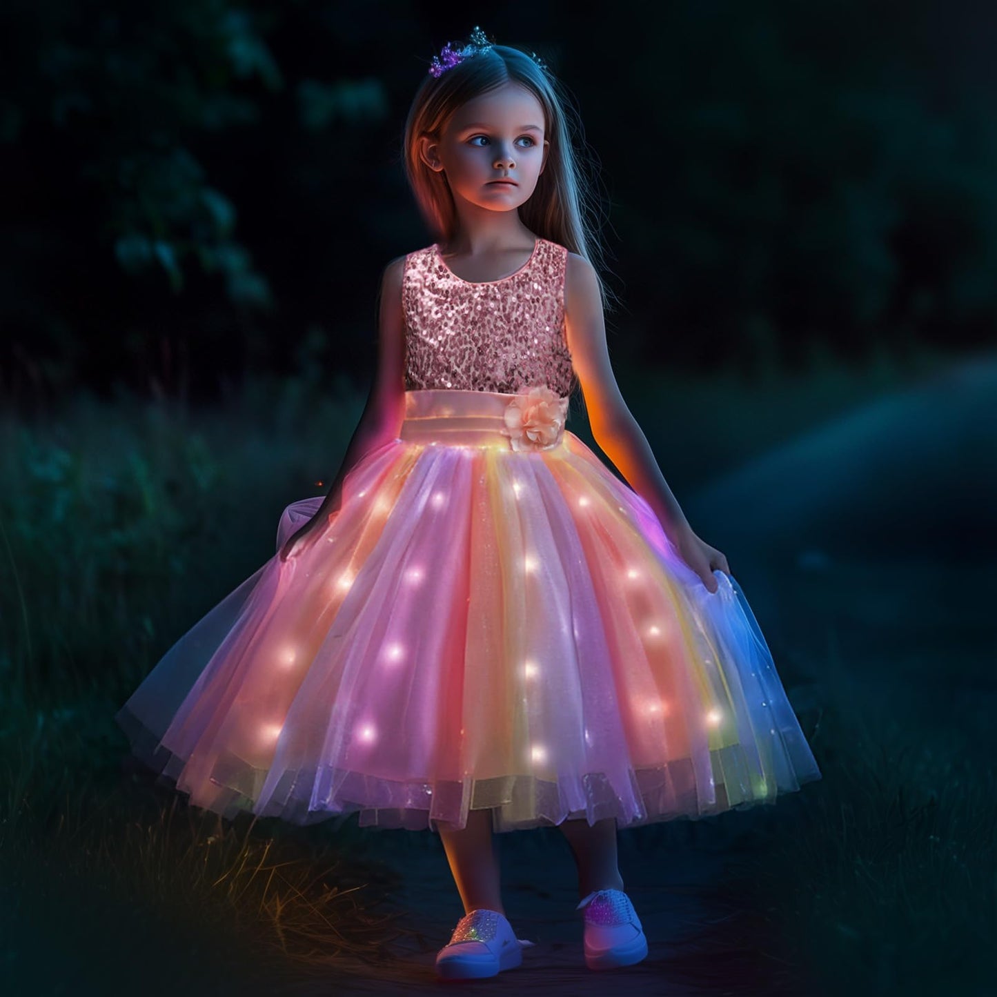 Davvew Princess Dresses For Girls Light Up Rainbow Dress Toddler Costume For Halloween Christmas Brithday Wedding Party