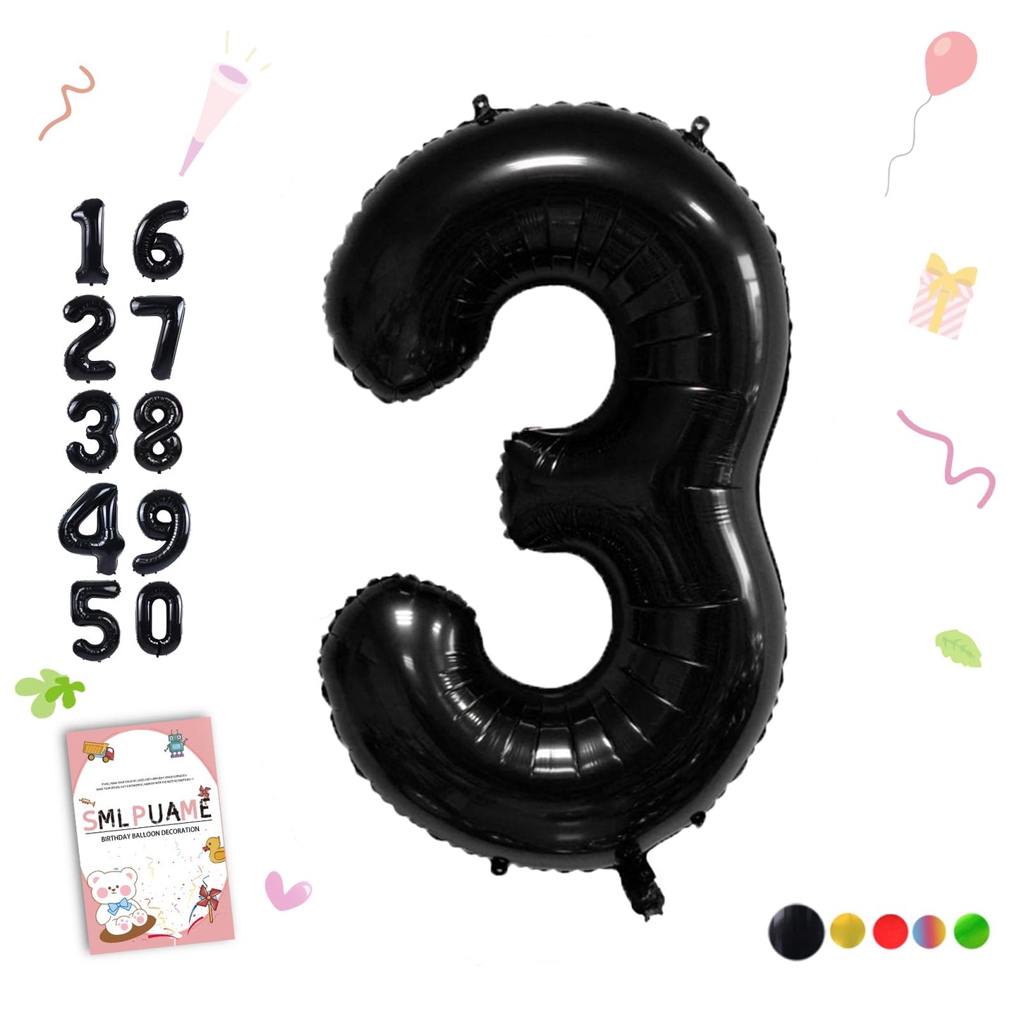 Smlpuame 40 Inch Number Balloon 0-9 Black Large Number 3 Balloons,Digital Balloons For Birthday Party Celebration Decorations Su