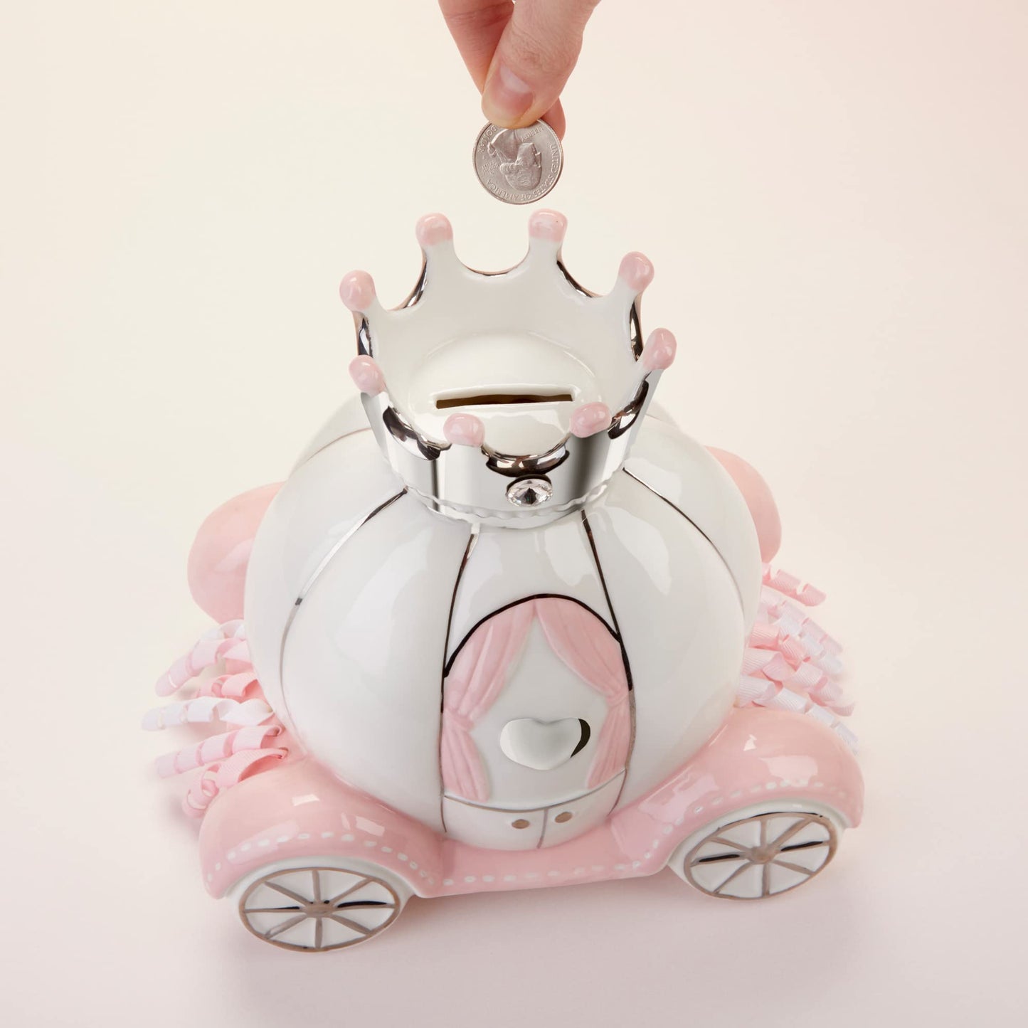 Baby Aspen Ceramic Porcelain Princess Carriage Piggy Bank, For A Baby Shower Or Baby Girl Room Decor, Pink/Silver/White