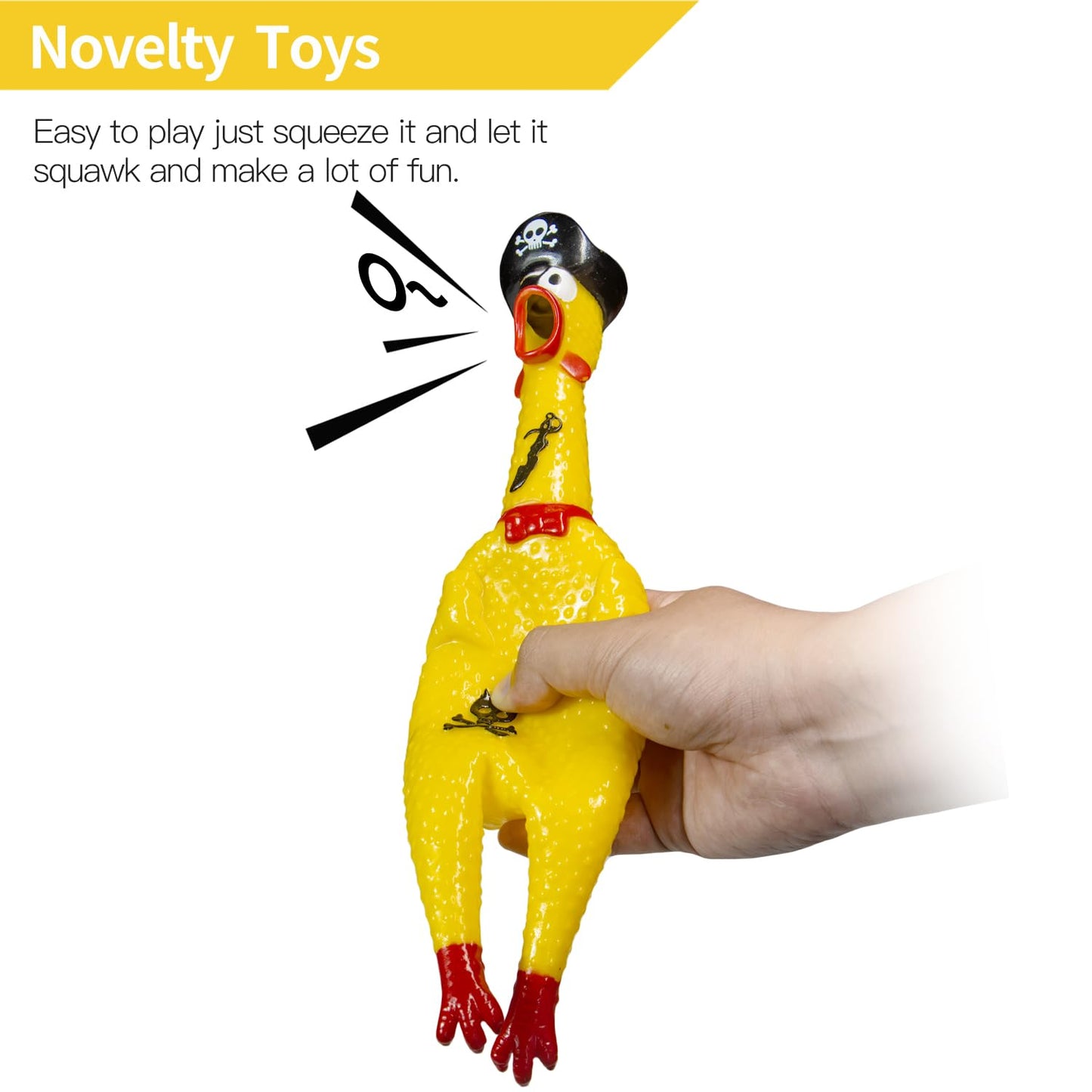 Novelty Place Squawking Pirate Chicken Dog Toys - 12.5 Inches Yellow Rubber Squeeze Squeaky and Screaming Chicken for Pets or Kids