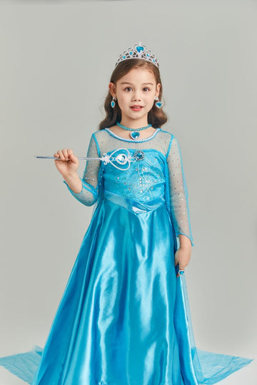 Sototoo Elsa Costume Long Sleeves Princess Dress Queen White Costume Cosplay Dress Up With Accessories Halloween (Blue 2,7-8Year