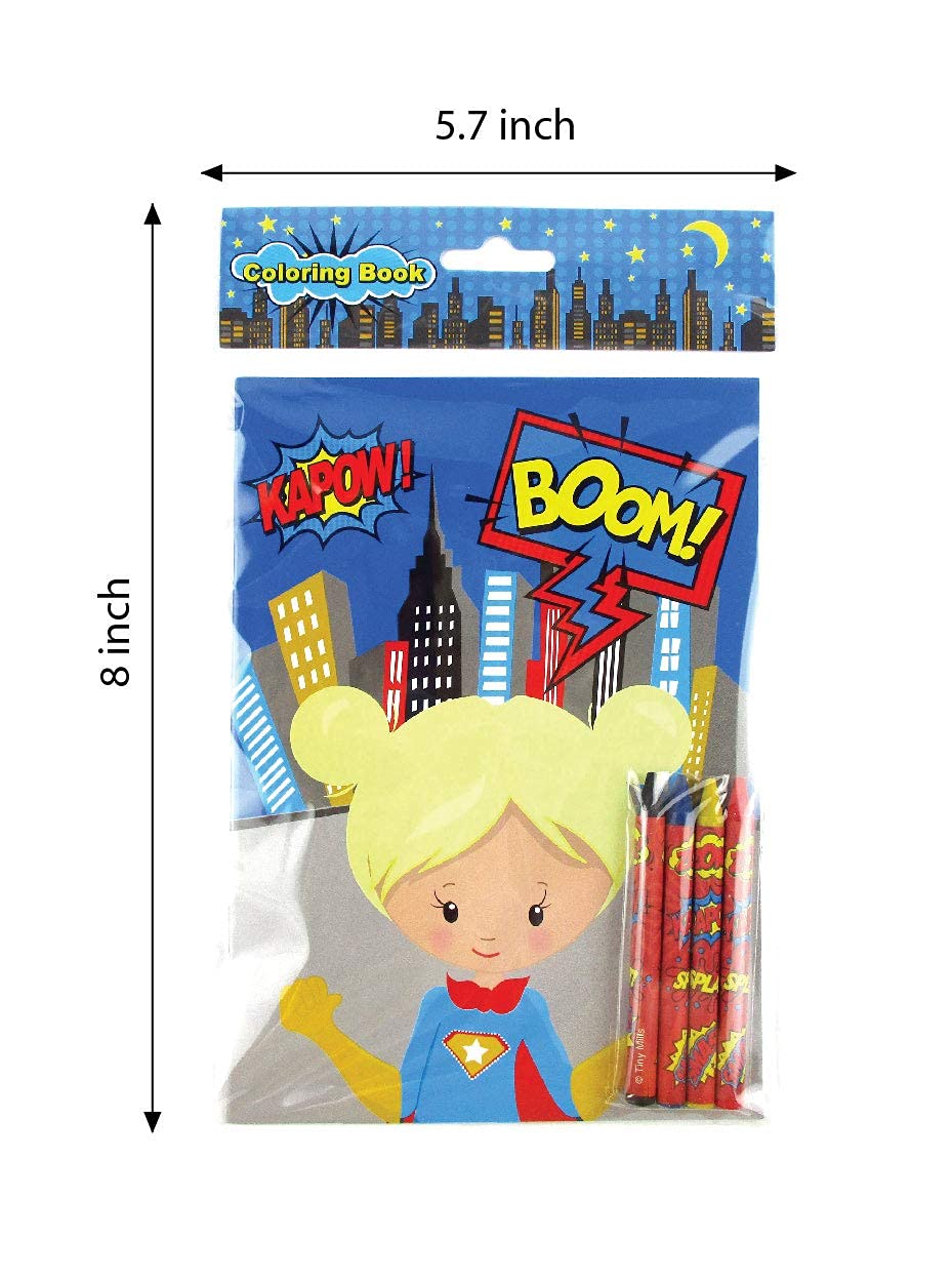 Tiny Mills Superhero Coloring Books for Kids - 12 Books and 48 Crayons Party Favors, Prizes, Favor Bag Filler, Party Supplies