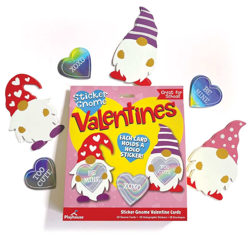 Playhouse Sweet Gnome Heart Sticker 28 Card Super Valentine Exchange Pack for Kids