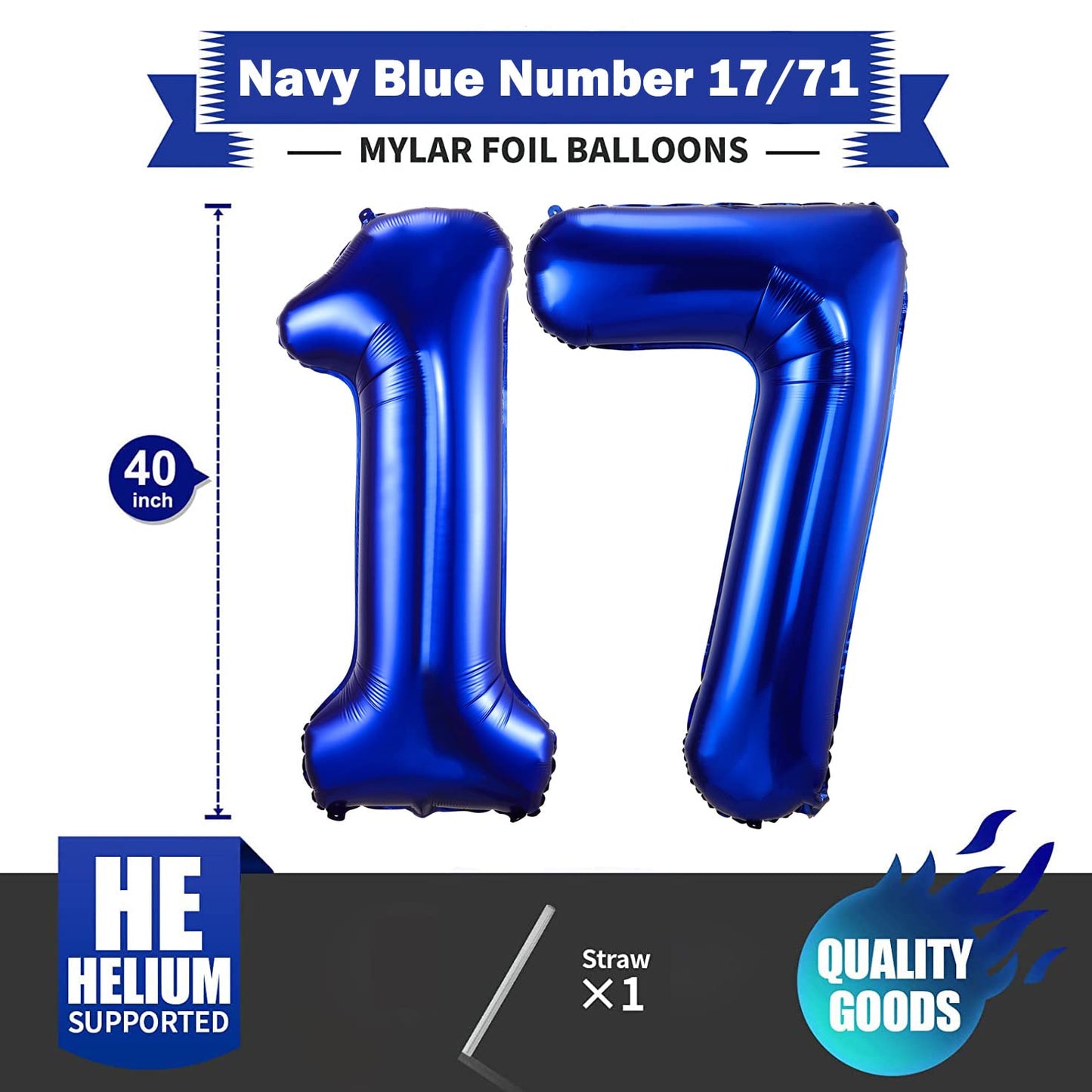 BBPOOL Navy Blue Foil Mylar Balloon Numbers 17, 40 Inch Large Birthday Party Decoration
