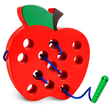 Lacing Toys For Toddlers - Wooden Lacing Apple Threading Toy, Shape Puzzle Fun Travel Game For Montessori Early Learning Of Fine Motor Skills Lacing Toy, Educational Gift For Boys And Girls Ages 3-5