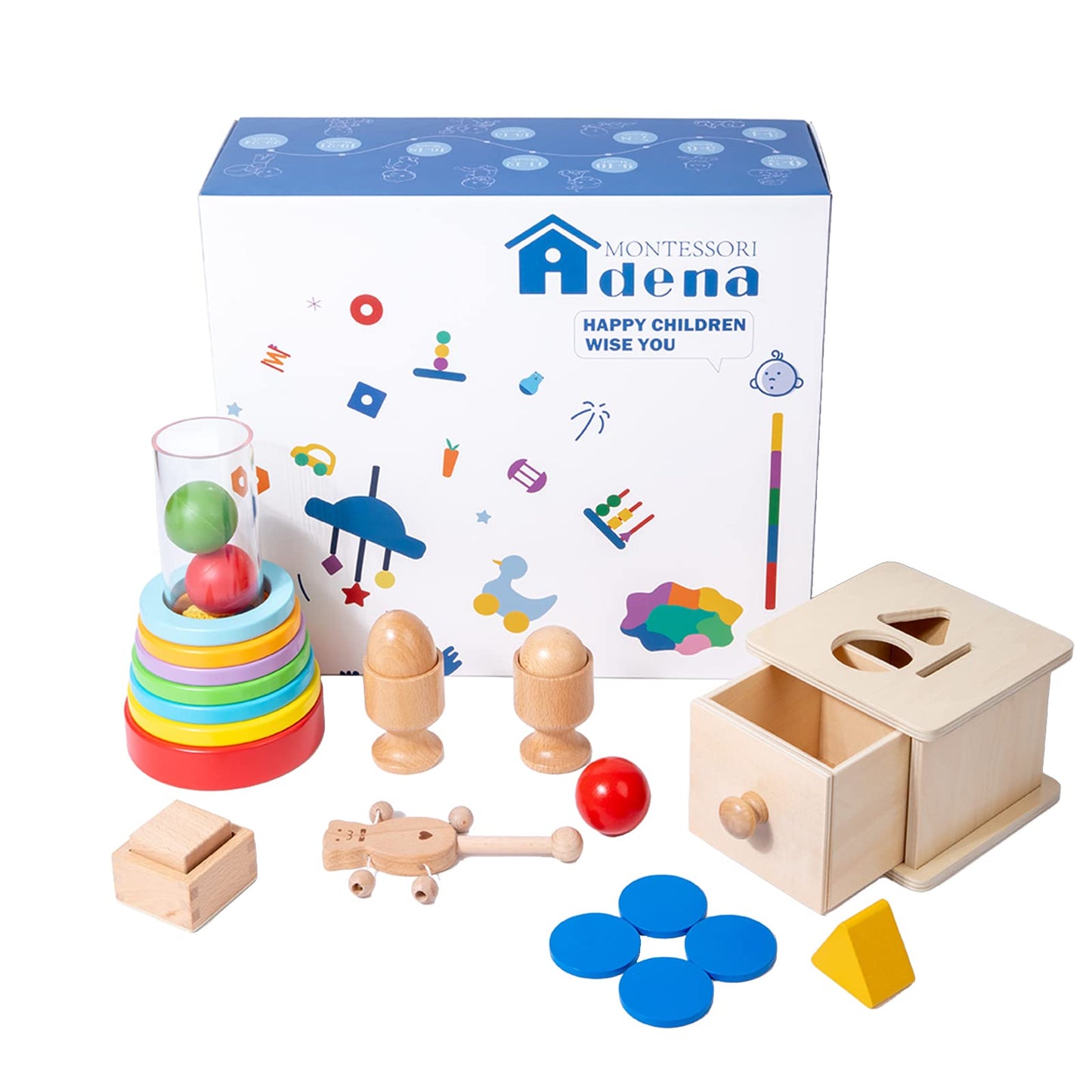 Adena Montessori Play Kit For 9-10 Months Baby,7 In 1 Learning Educational Toys For Toddler,Include Clear Tube With Stacking Rin