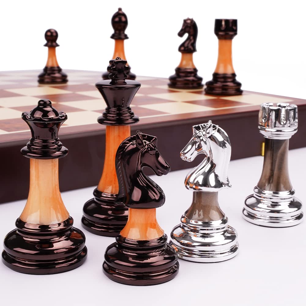 15'' Metal Chess Sets For Adults Kids With Zinc Alloy + Acrylic Chess Pieces & Portable Folding Wooden Chess Board Travel Chess