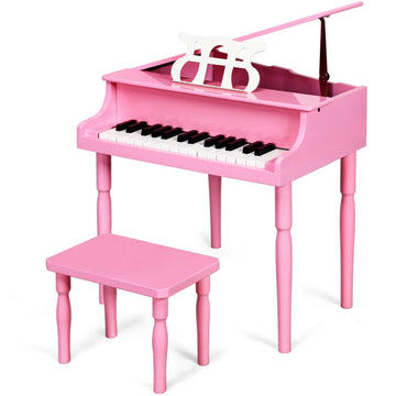 Goplus 30-Key Classical Kids Piano, Mini Grand Piano Wooden Learn-To-Play Musical Instrument Toy With Bench, Piano Lid, Music Rack, Gift For Boys Girls Aged 2+ Baby Tollder(4 Straight Leg-Pink)