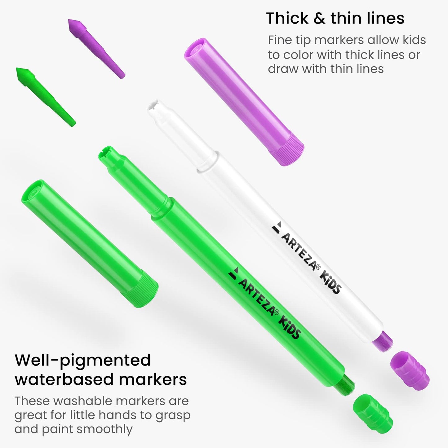 ARTEZA Kids Fine Tip Washable Markers, 42 Bright Colors, 36 Washable Marker Pens and 6 Non-Washable Neon Pens, School Supplies f