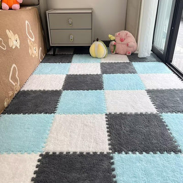 18Pcs Plush Puzzle Foam Floor Mat, 11.8X11.8In Soft Anti-Slip Puzzle Area Rug Playmat For Room,Blue+Grey+White