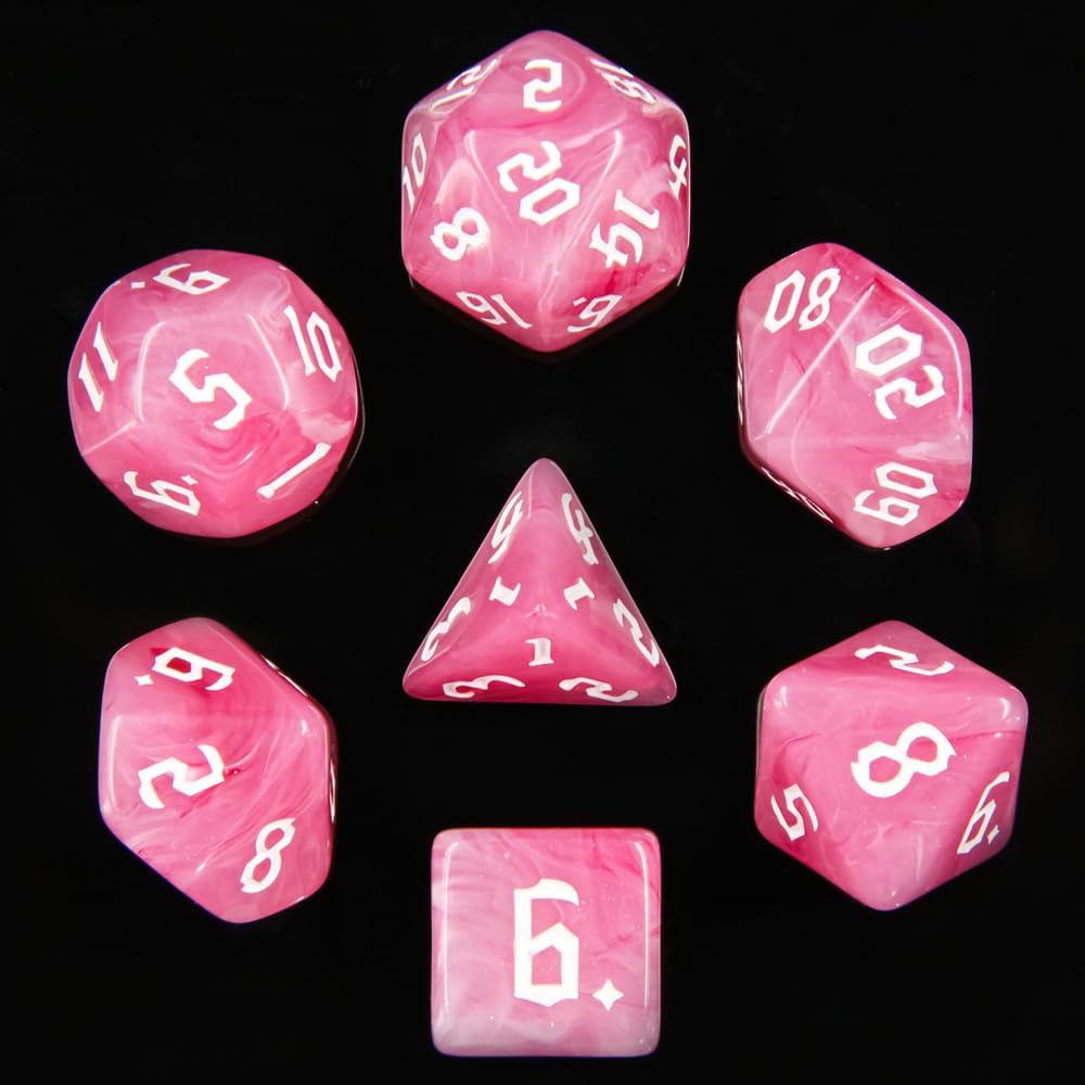 7PCS Polyhedral DND Dice, D&D Dice Set Filled with Pink and White Swirls for Role Playing Dice Games as DND RPG MTG Table Games