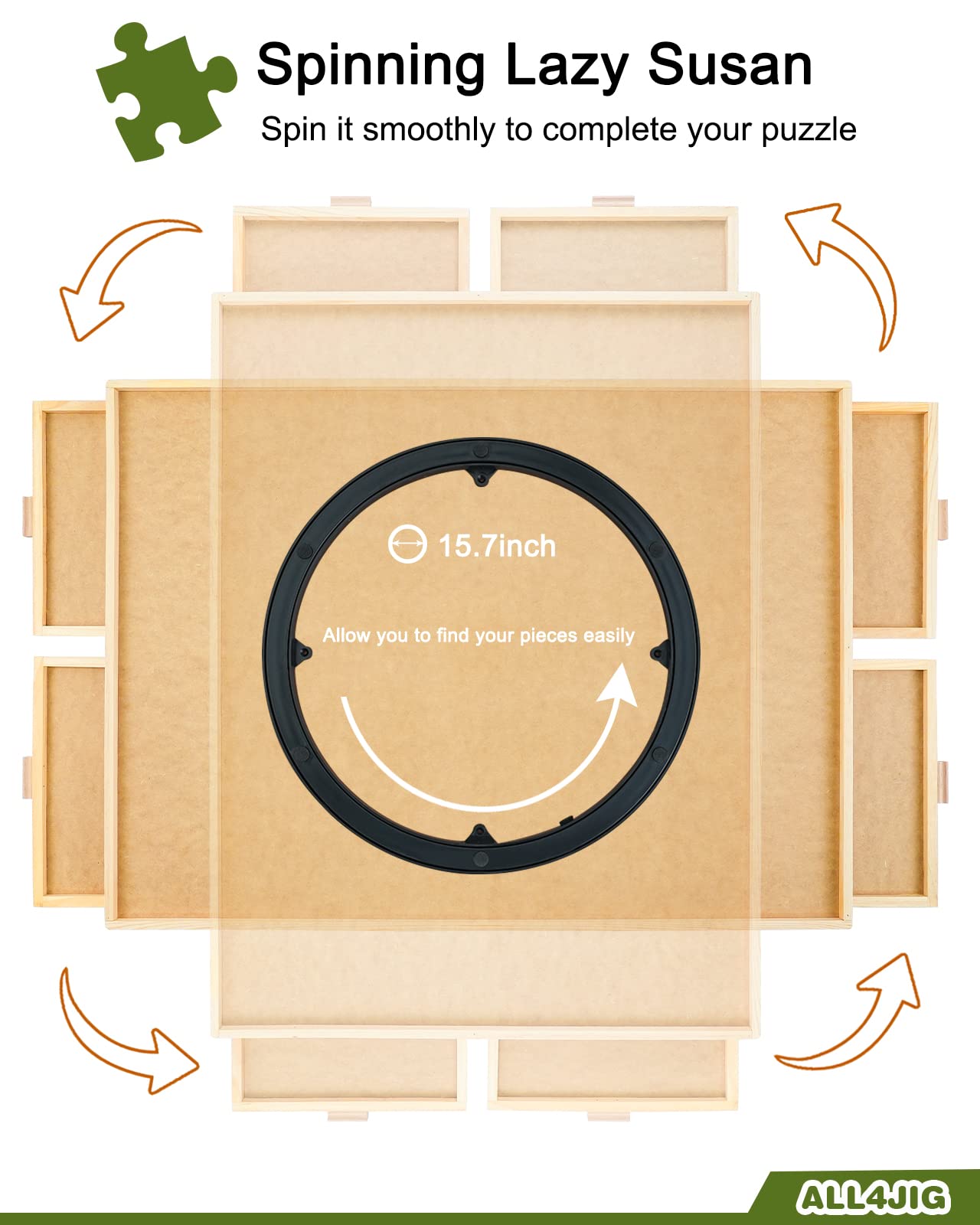 ALL4JIG Wooden 1000 Piece Rotating Puzzle Board with Drawers, 22"x30", Brown, Portable Jigsaw Table for Adults
