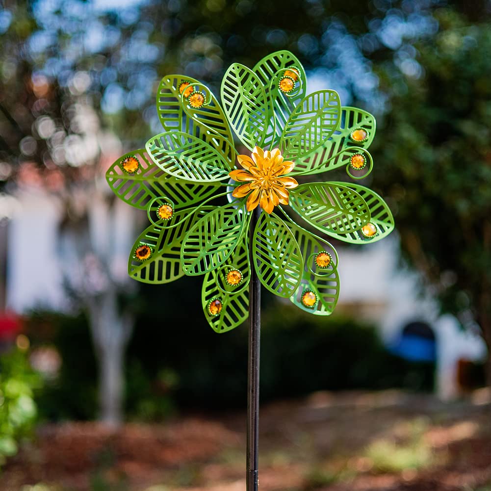 Stargarden Wind Spinner Outdoor, 58 Inch Metal Wind Sculpture Hollowed-Out Leaf Design Pinwheels for Yard and Garden