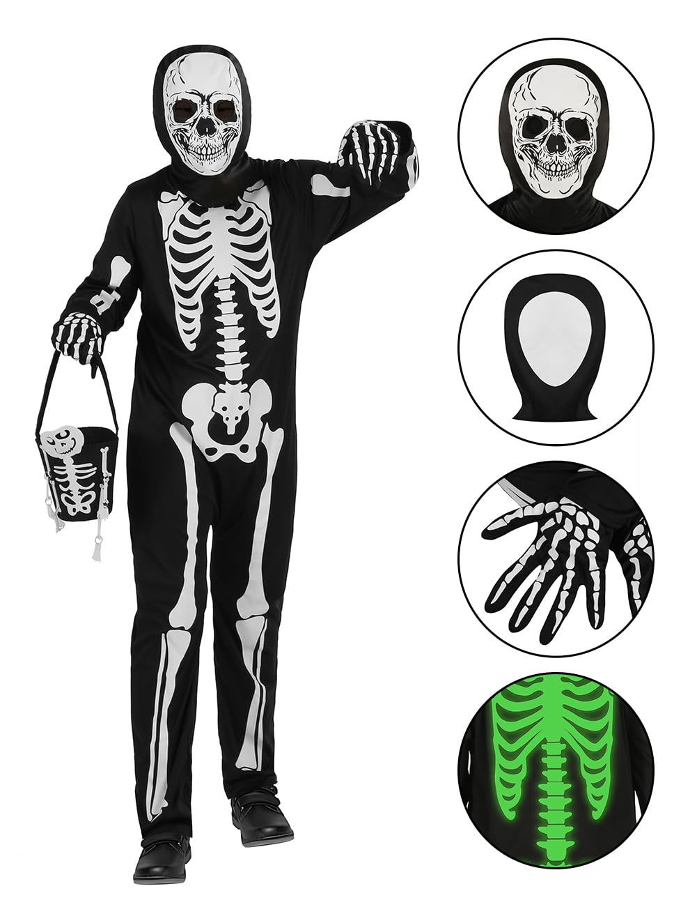 qqpouc Halloween skeleton costume kids glow in the dark skeleton costume on both sides Skuller candy bag for boys and grils