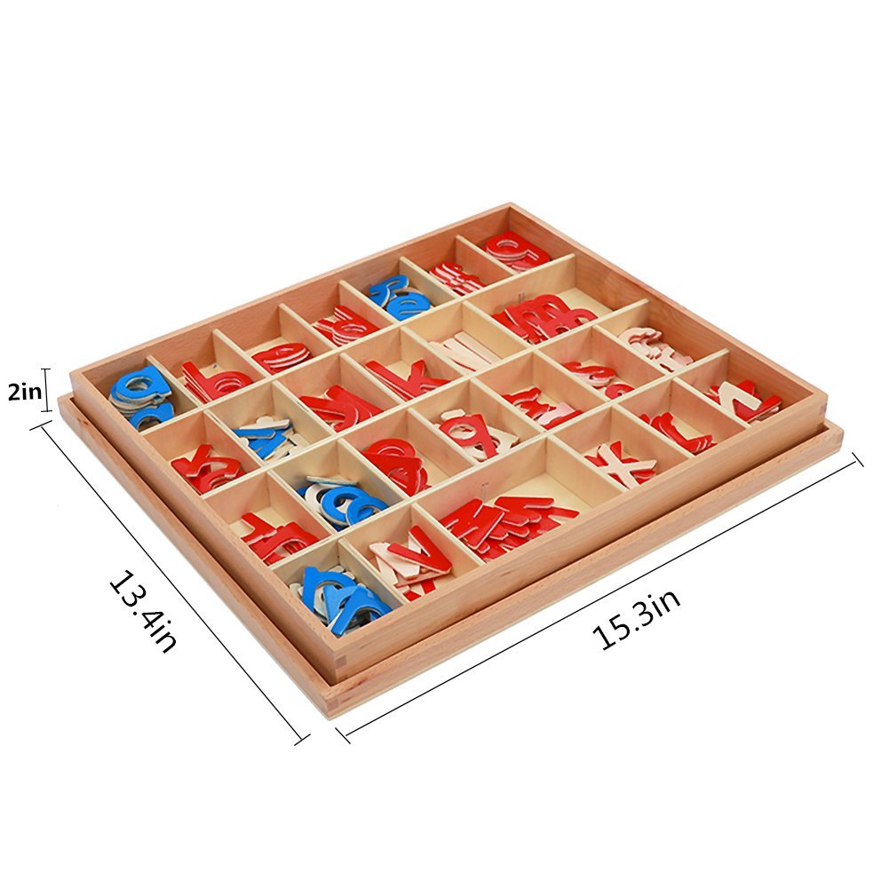 Je Joue Montessori Letter Work Learning Materials Wooden Small Moveable Alphabet Language Objects With Box (Red & Blue)