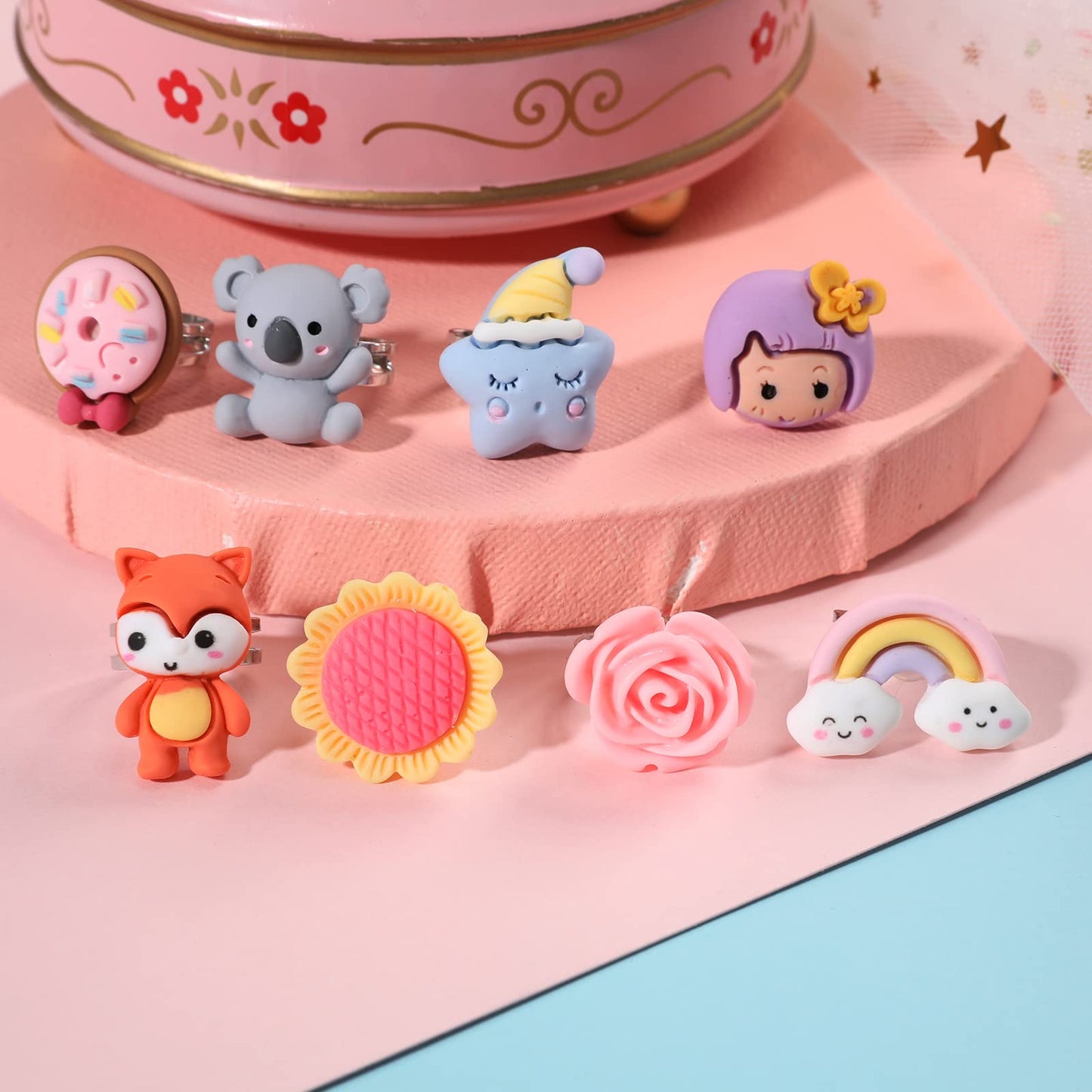 PinkSheep Adjustable Little Girl Jewel Rings in Box - 24 Unique Pretend Play and Dress Up Rings, Pink Color