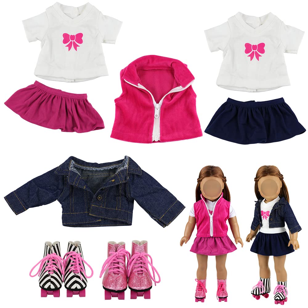 Barwa 2 Sets Doll Clothes And 2 Pairs Ice Skates Boots Shoes Fashion Autumn Clothing Dress Sets Compatible For 18 Inch Doll Xmas Gift