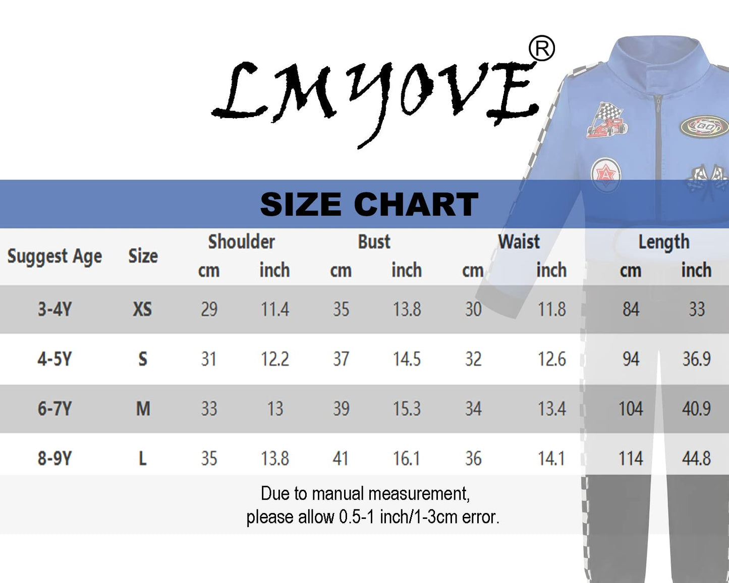 Lmyove Kids Race Car Driver Costume Boys Girls Racing Halloween Play Role Dress Up Racer Jumpsuit And Car Cap Toddler 3-9Y (Medium, Blue)