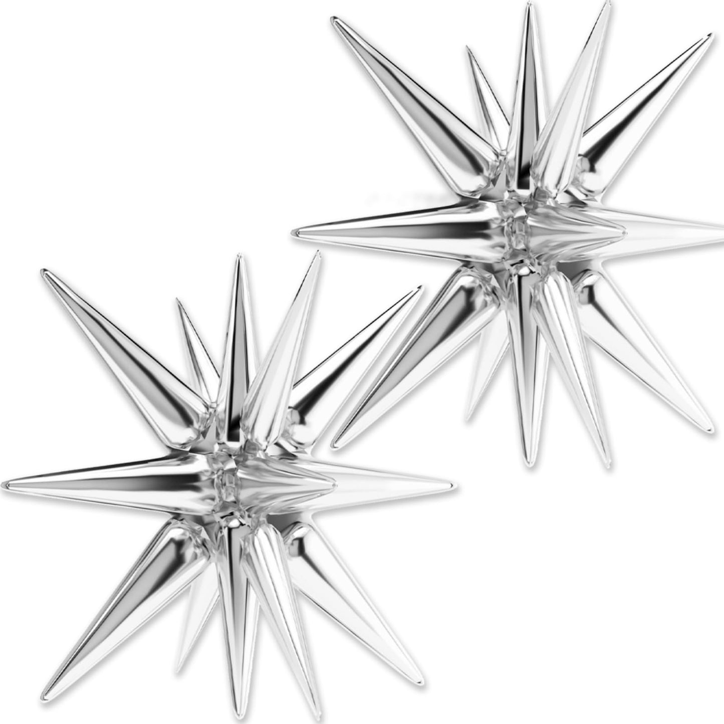 Partywoo Silver Star Balloons, 2 Pcs 42 Inch Large 14-Pointed Starburst Balloons, One-Piece Star Explosion Balloons With Ribbon, Point Star Foil Balloons, Mylar Balloons For Birthday Party Decorations