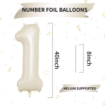 40 Inch Cream Number 1 Balloon, Beige Large 1St Birthday Balloons, Digital 1 Cream White Giant 1 Foil Balloon Helium For 1St Bir