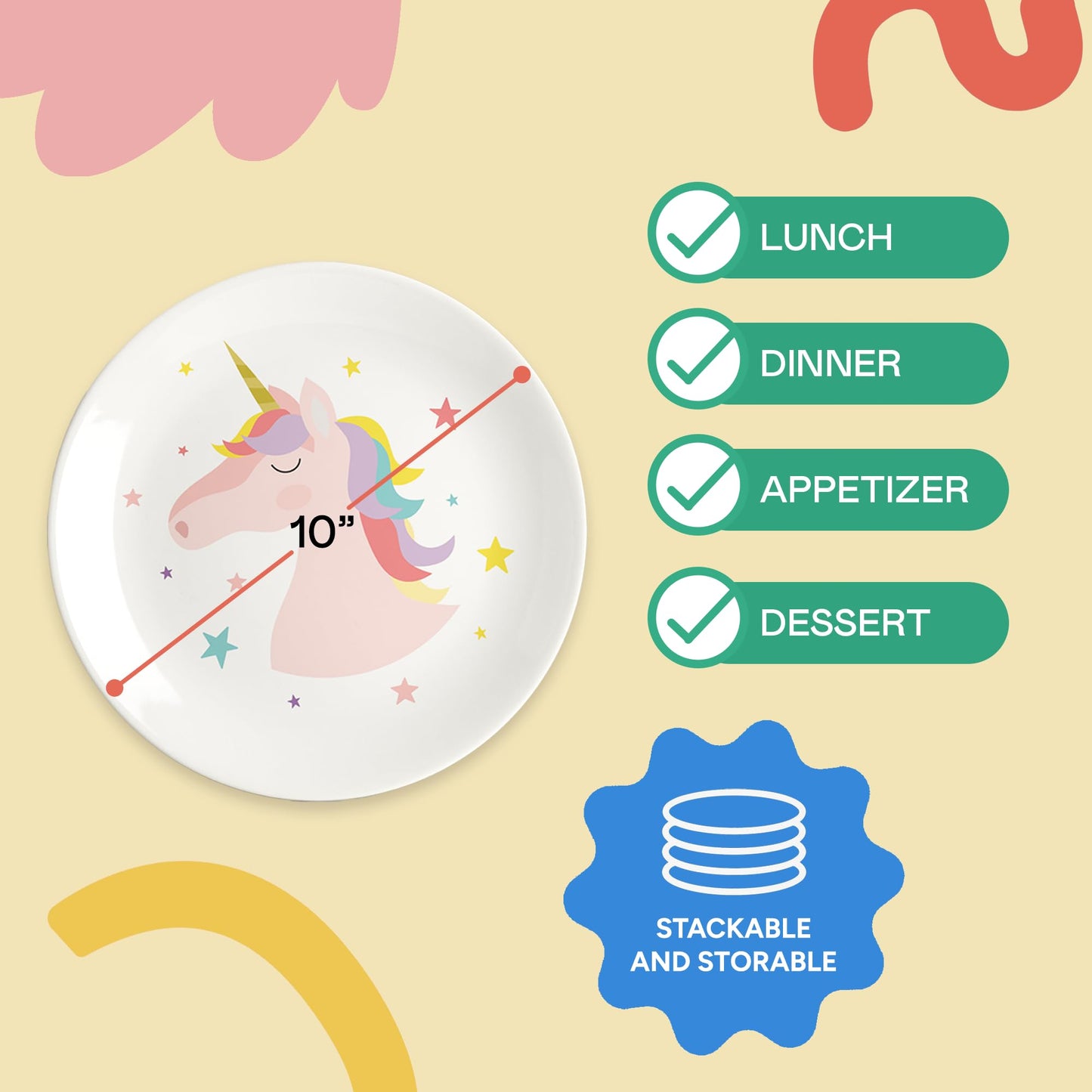 Tiny Expressions Unicorn Plates - 10 Set of 4 Reusable Melamine Party Plates with Rainbows, Stars & Whimsical Unicorns - Ideal f