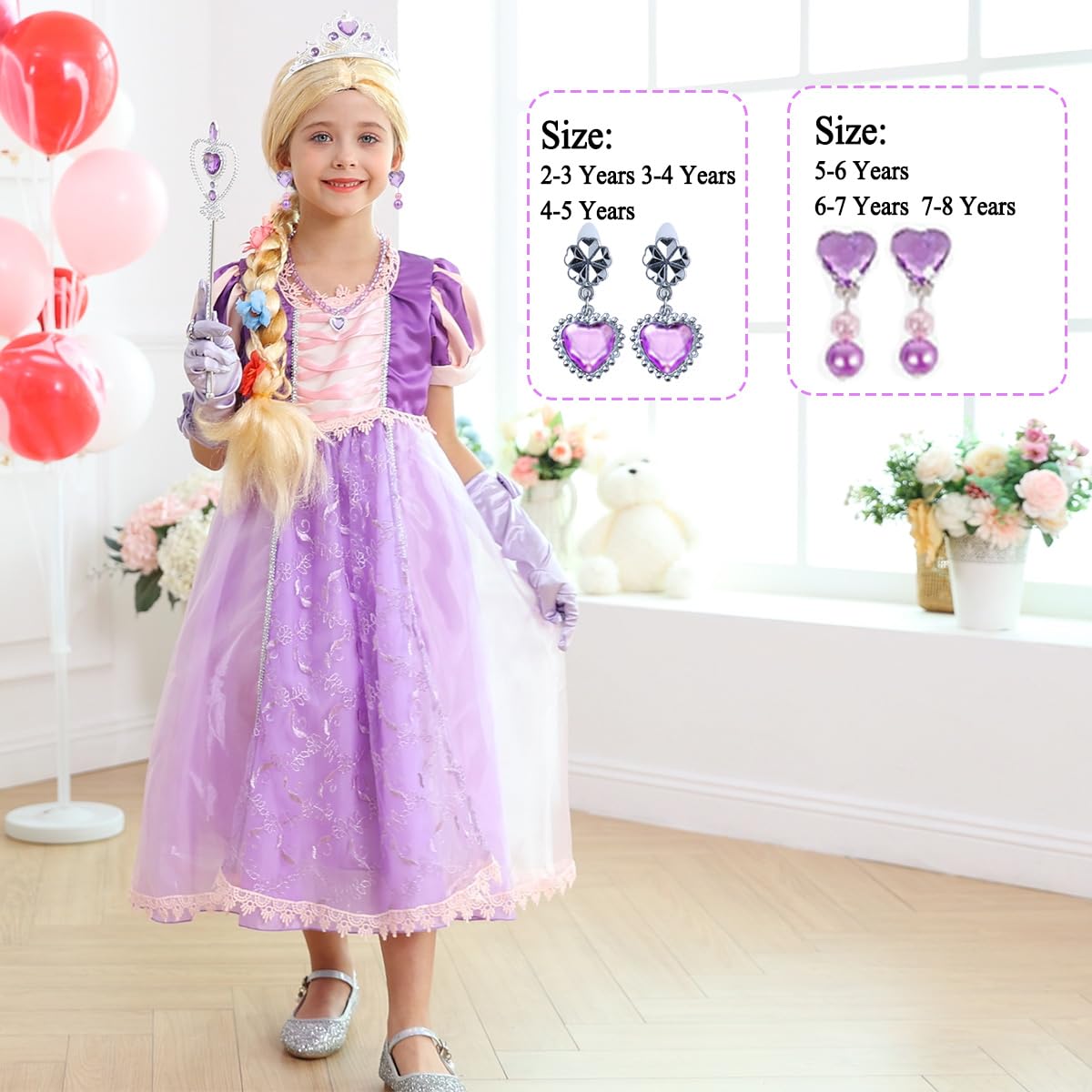 Luzlen Purple Princess Costume For Girls Toddler Rapunzel Dress With Wig Halloween Birthday Party Outfit For Kids, 5-6 Years(Label 130)