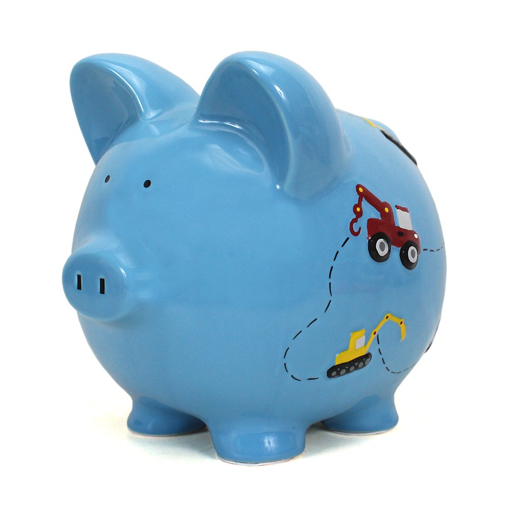 Child To Cherish Ceramic Piggy Bank For Boys, Construction Trucks, Blue