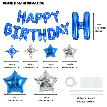 Toniful 35Pcs Blue Happy Birthday Decorations 16 Inch Happy Birthday Balloon Banner With Star Balloons Mylar Foil Birthday Party