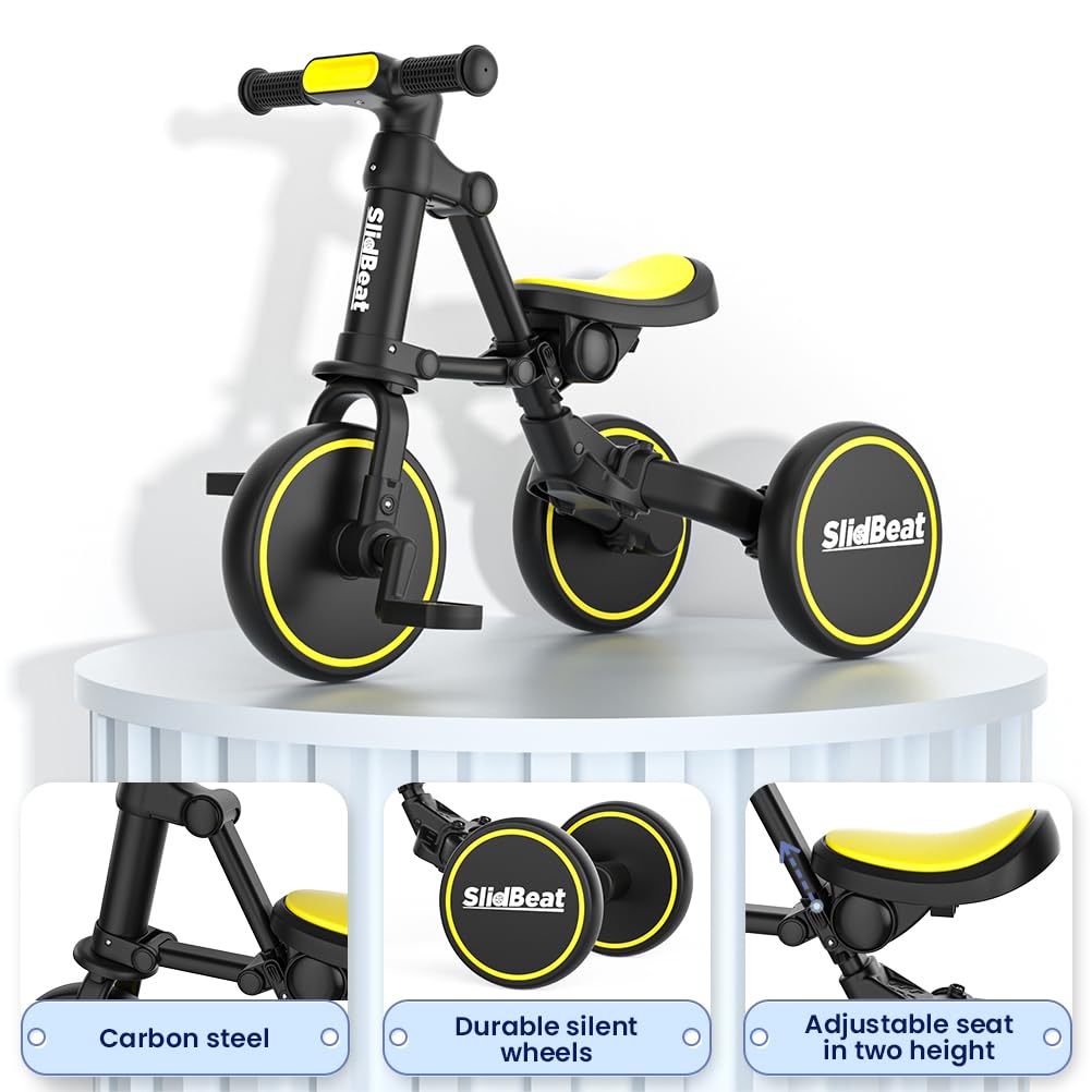 Slidbeat Kids Tricycle 3 In 1 For 2 To 4 Years Old, Toddler Bike With Removable Pedal And Adjustable Seat, Balance Trikes For Bo