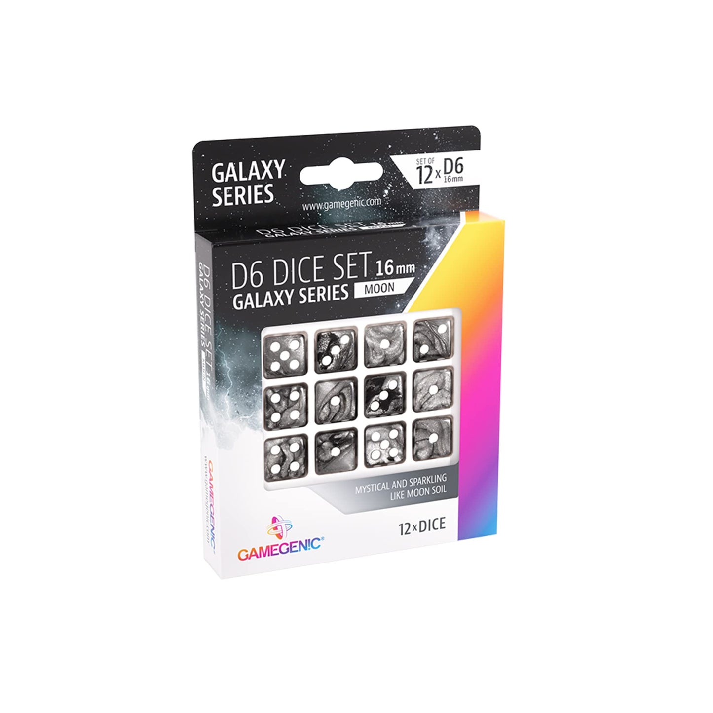 Galaxy Series Moon D6 Dice Set | Set of 12 Six-Sided Dice | enhanced Quality Resin Dice for Dice Games  Board Games and Card Games | Cosmic Glittering Design | Black Color | Made by Gamegenic