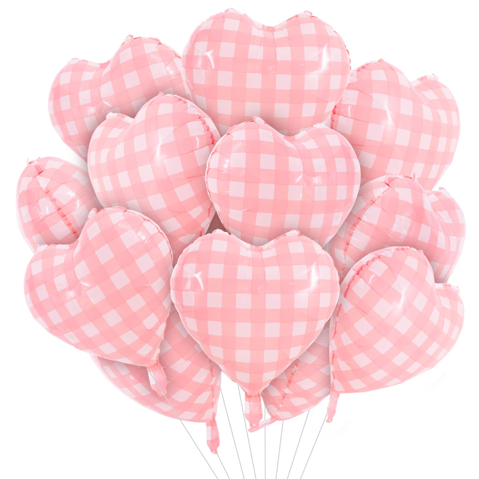 TONIFUL 15Pcs 18 Inch Checkered Pink Balloons Checkered Pink Heart Shape Foil Mylar Banners Decoration for Birthday Valentine s