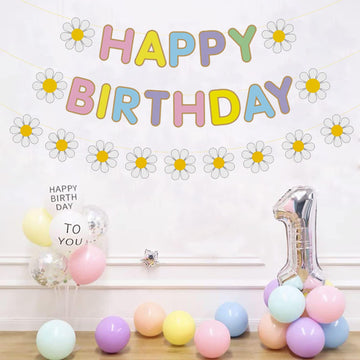 Zwiebeco Macaron Daisy Birthday Party Decoration Supplies - Macaroon Little Daisy Happy Birthday Sign Banner Bunting Garland Han