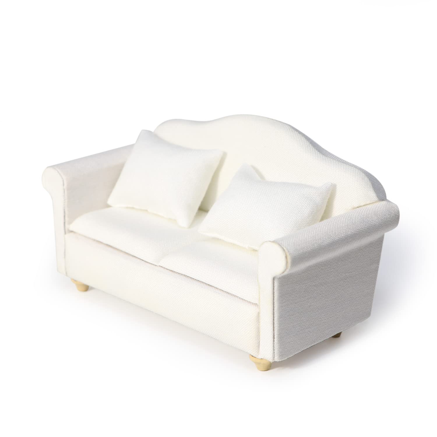 Dollhouse Couch Miniature Sofa With Pillows Dollhouse Living Room Funiture 1:12 Scale Model 3 Pcs High Simulation Upholstered Wooden Fabric Armchair Mini Room Artificial House Scene Decoration (White)