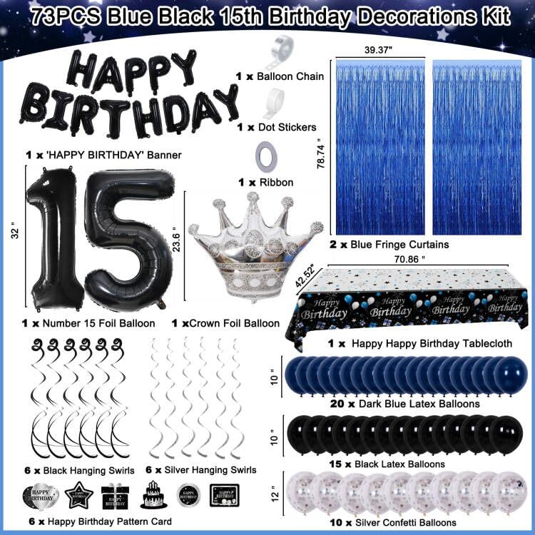 15Th Birthday Decorations For Boys, Blue Black Happy 15Th Birthday Decorations Boy 15 Year Old Birthday Balloons Banner, Tablecl