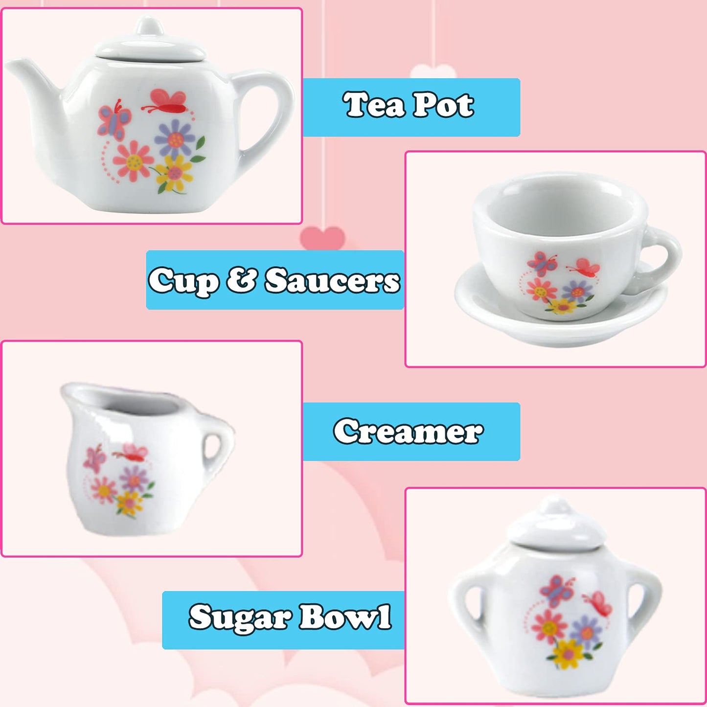 Liberty Imports 16 Piece Rose Flower Miniature Porcelain Ceramic Tea Set | Kids Toy Mini Pretend Play Kitchen Decorated Playset