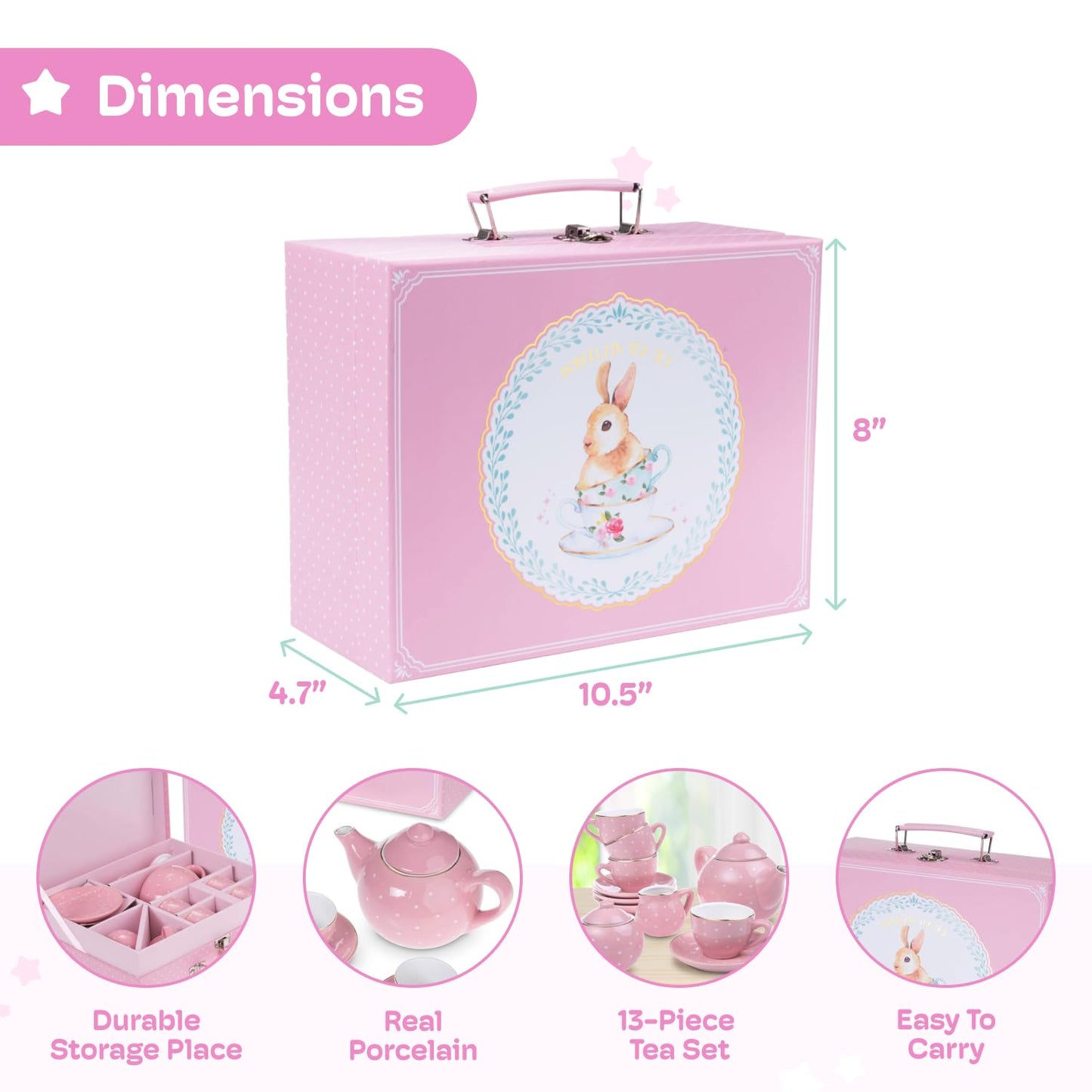 Jewelkeeper Tea Set for Little Girls - 14-Piece Porcelain Tea Party Set for Children Includes Teapot, Cups, Saucers, Creamer, an