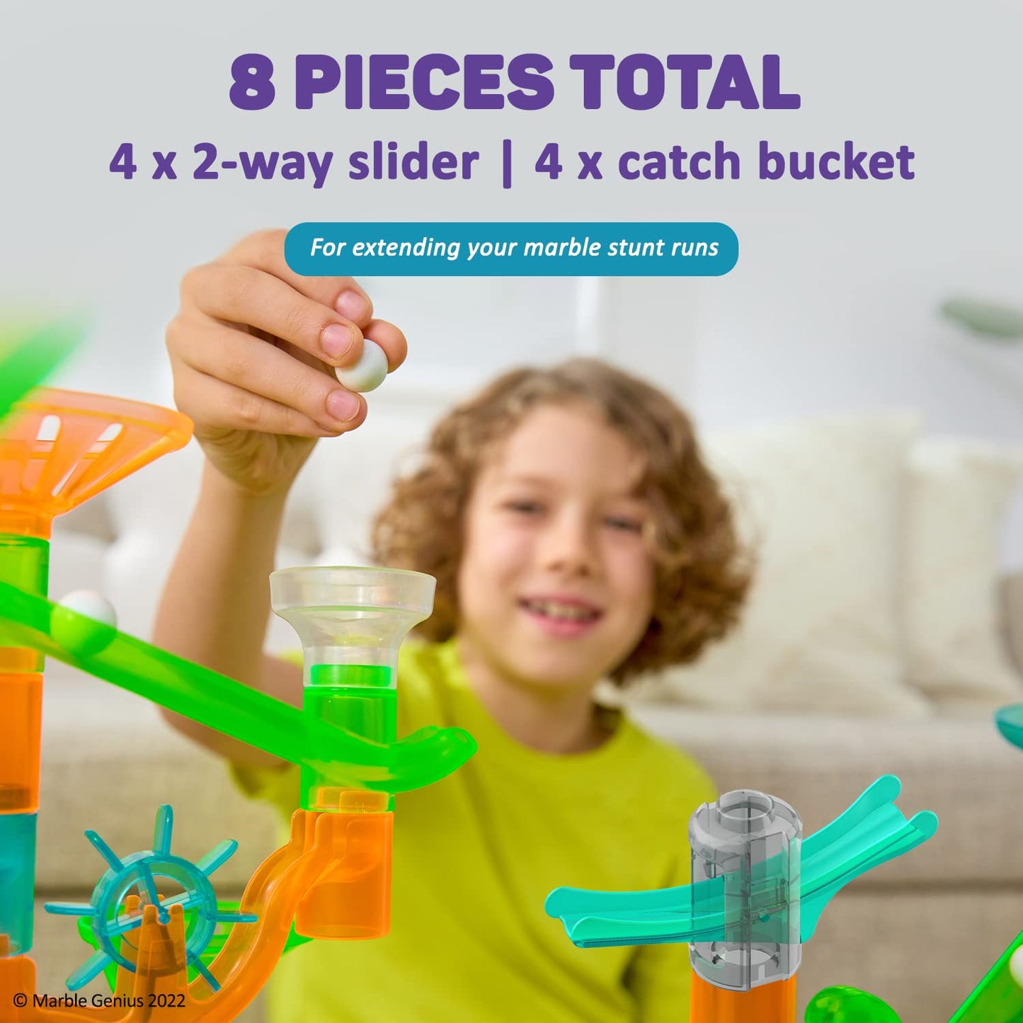 Marble Genius Marble Run Stunts Slider Set - 8 Pcs, Neon Plastic, 4 Two-Way Sliders & 4 Catch Buckets, Ages 5+