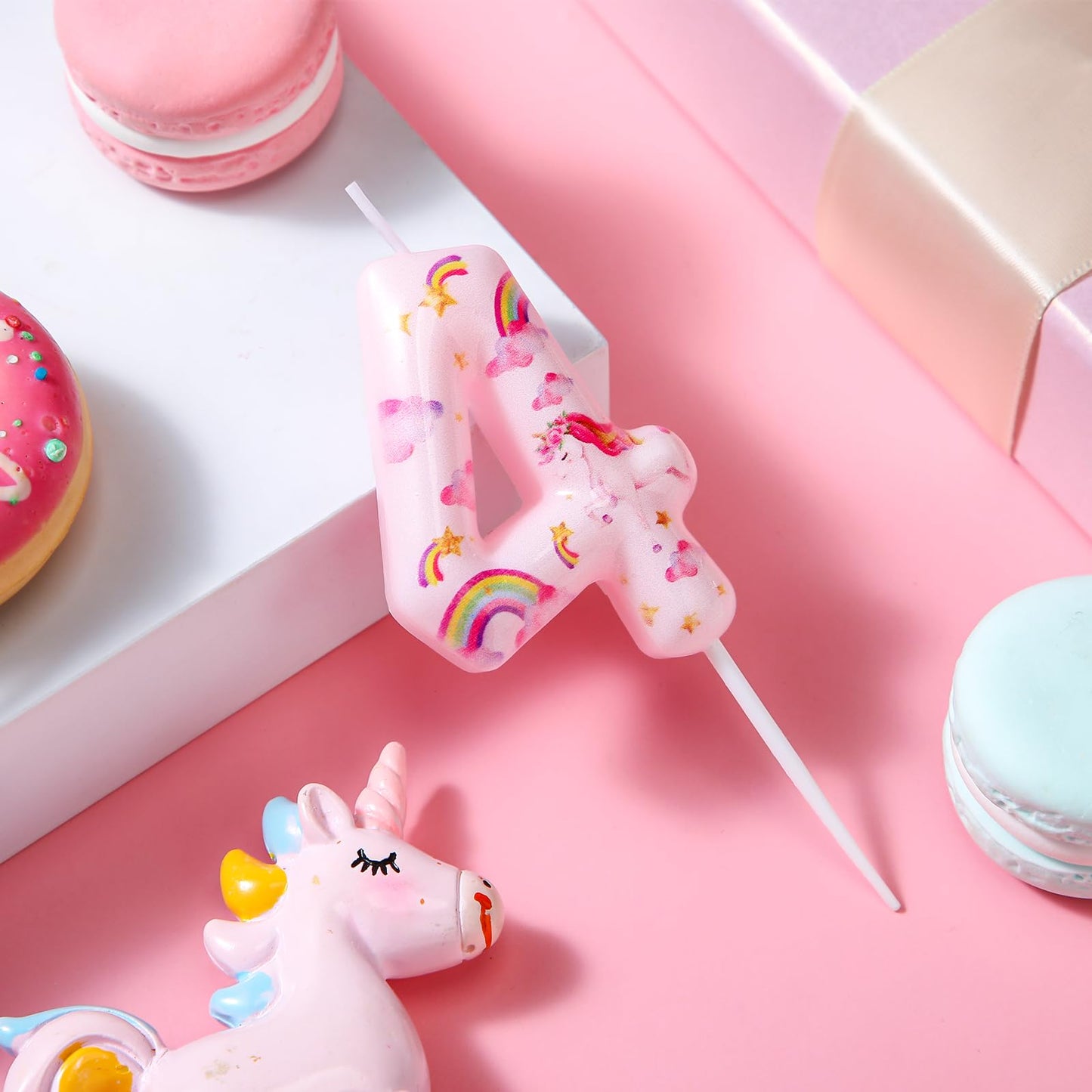 Nuanchu Number 4 Unicorn Birthday Candle Unicorn Cake Candle Rainbow Clouds and Stars Numeral Birthday Cake Topper for Girls Cut