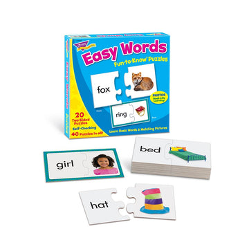Trend Enterprises: Fun-To-Know Puzzles: Easy Words, Learn Basic Words & Matching Pictures, 20 Two-Sided Puzzles, Self-Checking,
