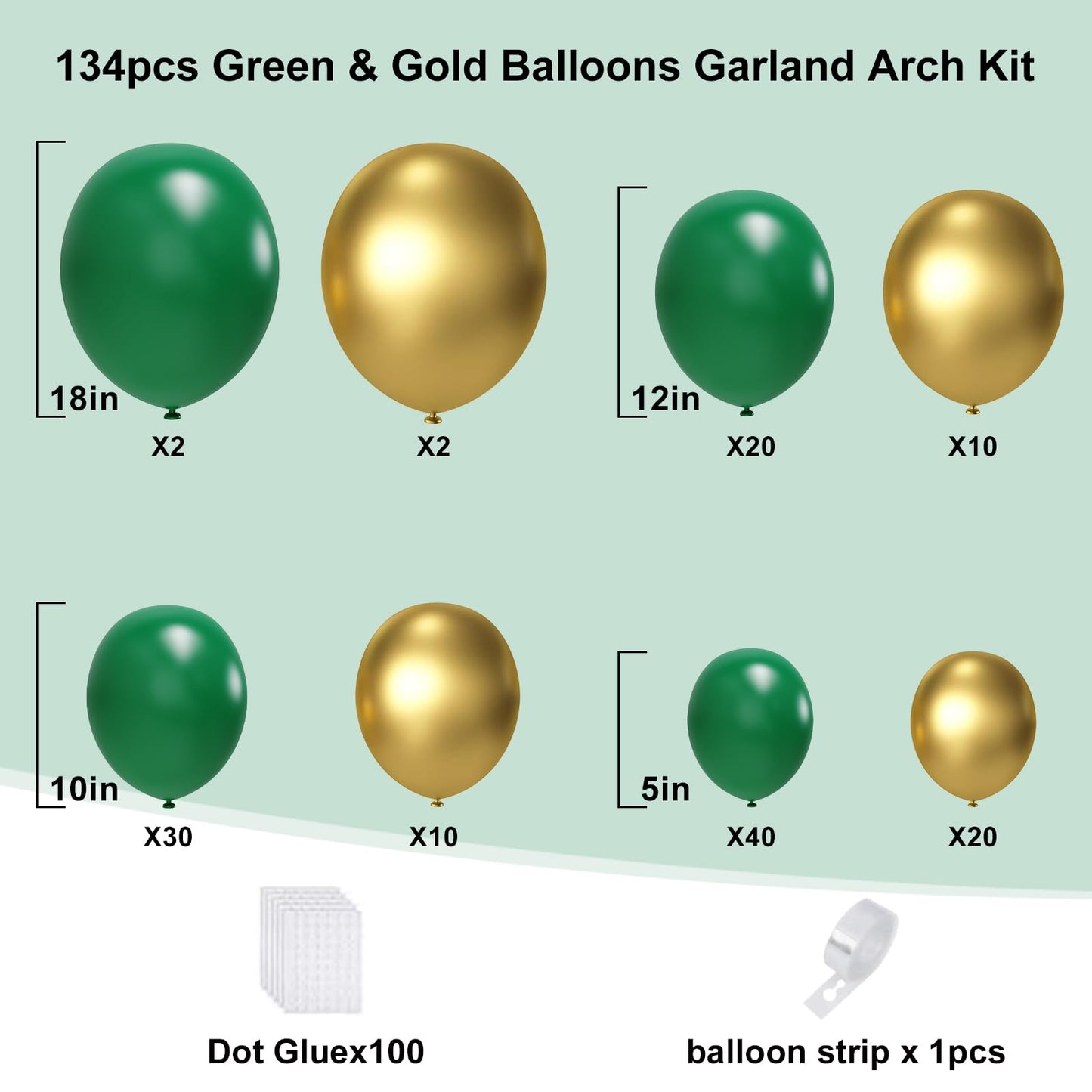 Green And Gold Balloons Arch Garland Kit, 134Pcs Metallic Gold And Dark Green Balloons With Different Size For Birthday, Graduat