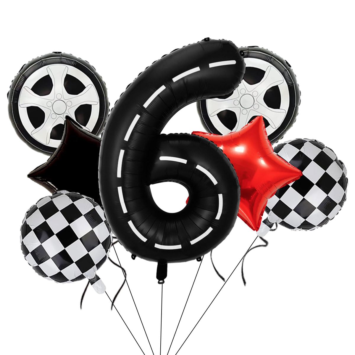 Race Car Birthday Balloons Decorations, 40 Inch Racetrack Black Number 6 Balloon, Large Mylar Black 6 Balloon For 6St Birthday R