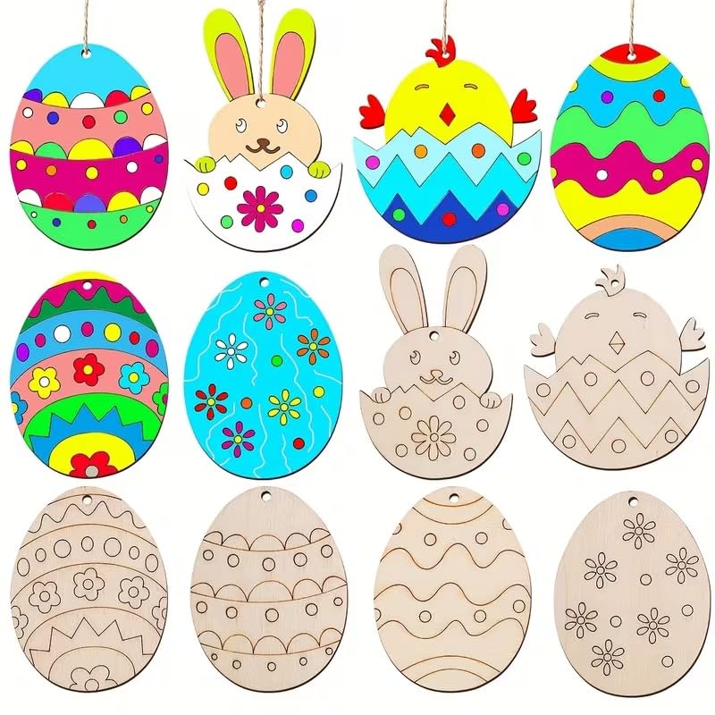 Curious Button 18 Pcs Wood Easter Eggs With Matching Strings  Diy Craft Eggs Suitable For HandPainted Art, Spring Egg Hunt Par