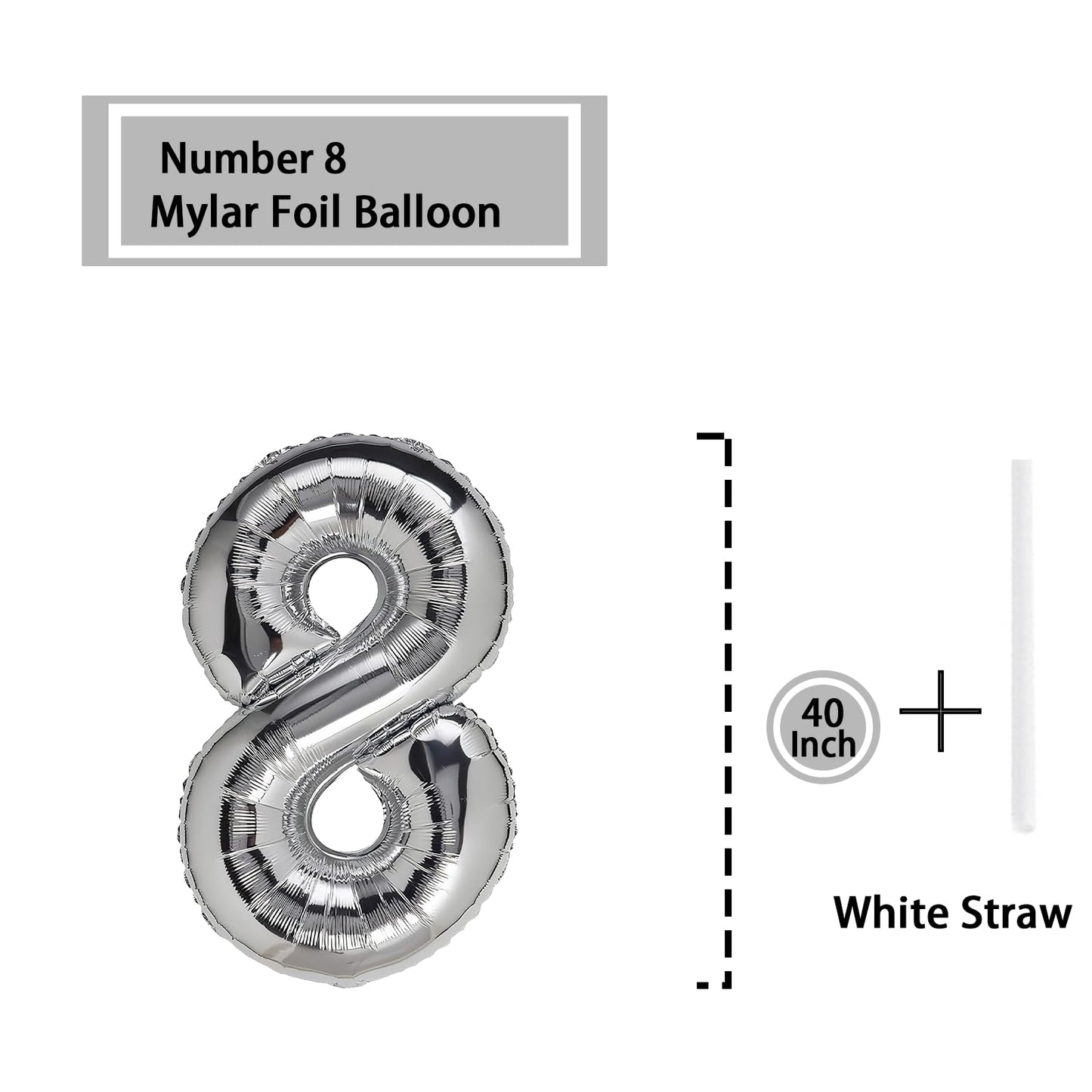 8 Number Balloon Silver 40 Inch Big Foil Mylar 8Th Balloons For 8 Year Old Boy Girl Birthday Party Decorations Wedding Anniversa