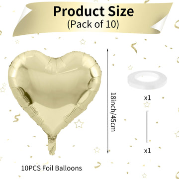 Light Gold Heart Balloons, 18 Inch Pastel Gold Heart Shape Balloons Foil, 10 Pcs Gold Heart Foil Balloons Love Balloon Helium Fo