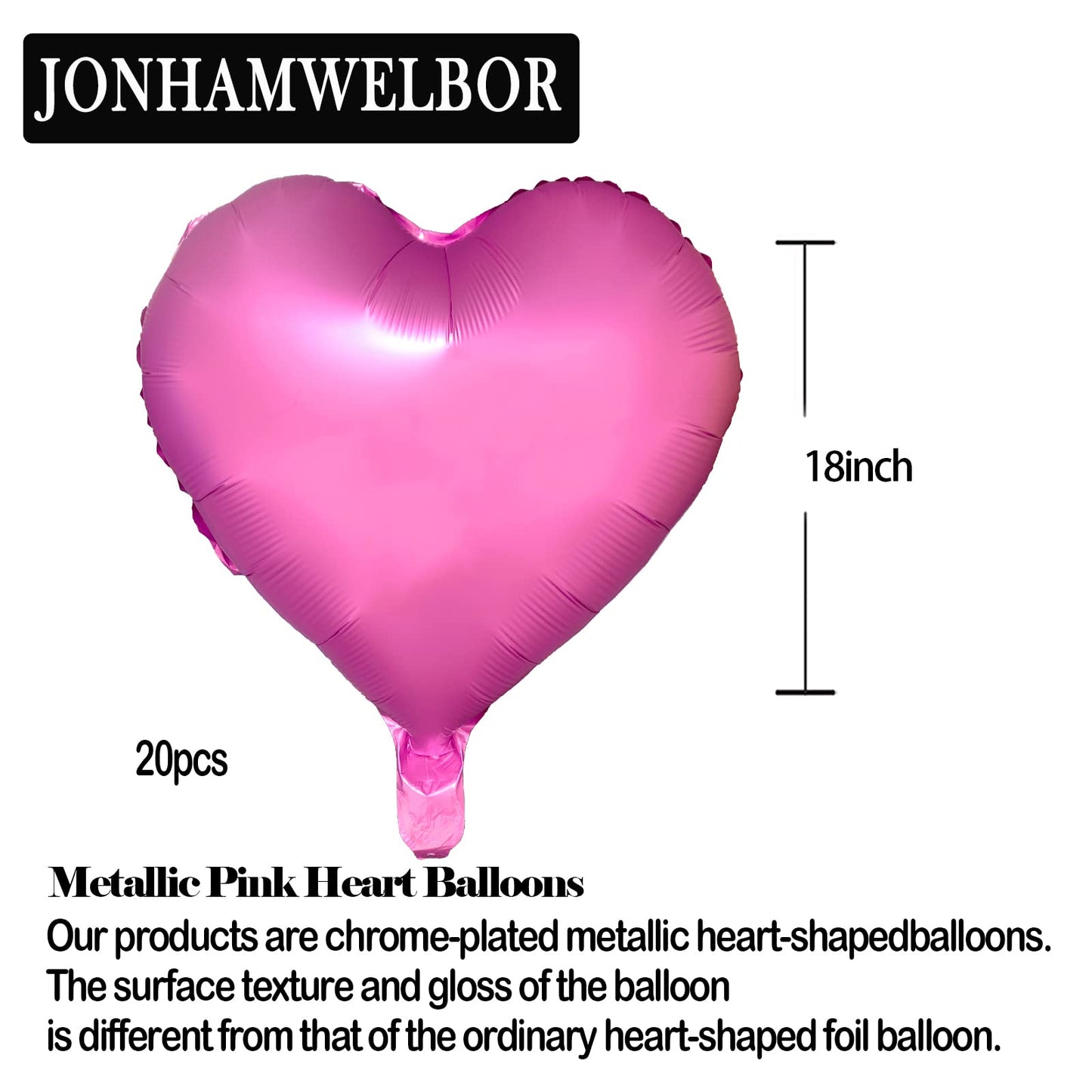 Jonhamwelbor 20Pcs 18 inch Metallic Pink Foil Mylar Heart Shape Balloons Decorations Valentines Birthday Wedding Baby Shower Par