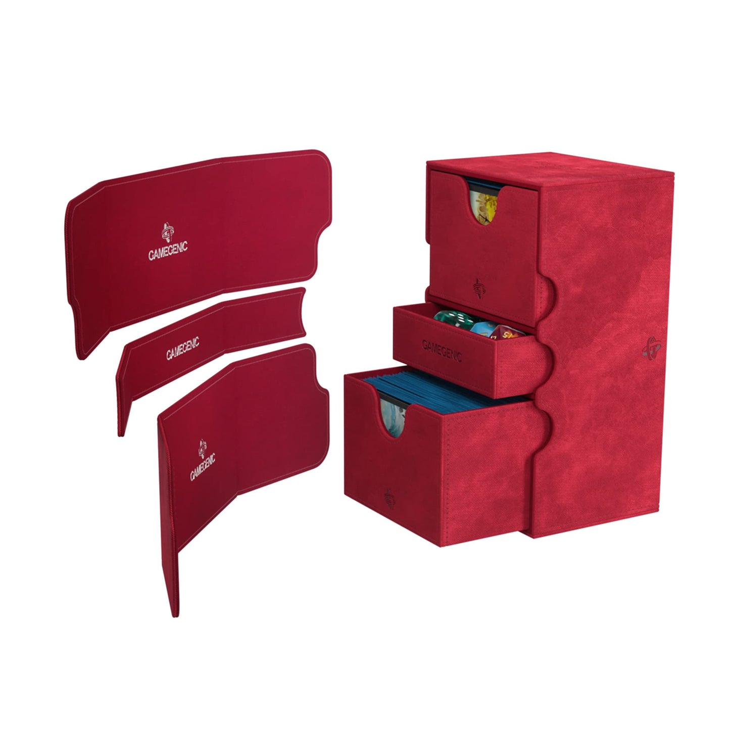 Stronghold 200+ XL Convertible Deck Box | Double-Sleeved | Card Game Protector with Accessories Drawer | Nexofyber Surface | Holds up to 200 Cards | Red Color | Made by Gamegenic (GGS20111ML)