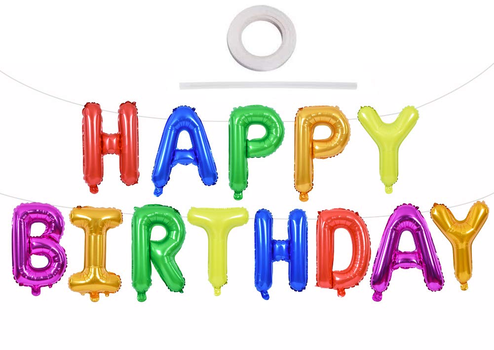 TONIFUL 7 Color Rainbow Happy Birthday Balloons Banner, 16 Inches Colorful Mylar Foil Letter Sign Balloons Banner Bunting for Gi