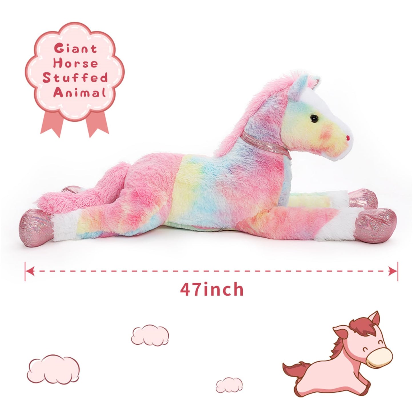 Tezituor 47 Inch Pink Tie-Dye Horse Plush Toy, Soft Stuffed Animal Pillow for Kids and Adults