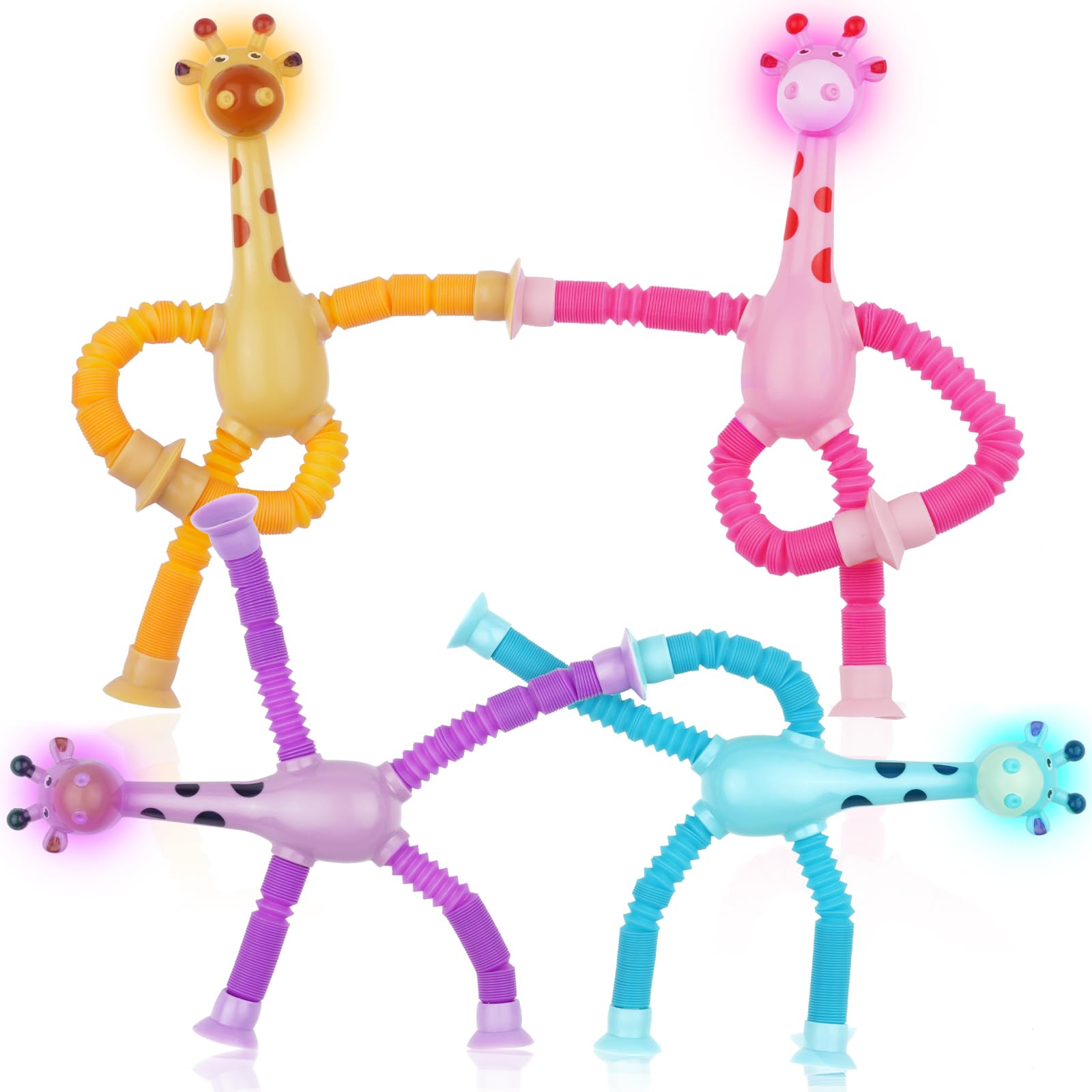 Ainiv LED Telescopic Suction Cup Giraffe Toy  4 Pieces Novel Kids Suction Cup Toys  Funny Fidget Toys  Pop Tubes Sensory Toys for Kids  Decompress Educational Sensory Toys for Kids & mature-themed